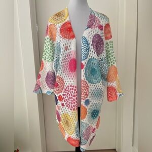 VIA VITALE Long Open Front Light Cardigan Multi-Colour Circles Open Knit Artsy